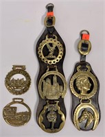 7 horse brasses, 3" dia., 3 and 2 on leather