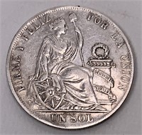 1888 Peru coin, .9 Decimos Fino T.F., 24.89 g