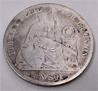 1872 Peru coin, .9 Decimos Fino Y.J. (worn)