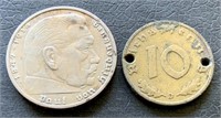 1937 2 Marks coin / Reich Mark (2 holes)