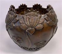 Bronze flower pot, lotus flowers, 12" dia. X 9.5"