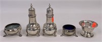 3 Sterling footed open salts, 2 shakers (5" tall,