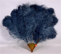 Blue feather fan, faux tortoise mounting,