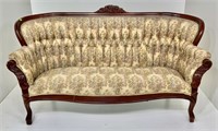 Repro. Victorian sofa, rose carved back, tufted