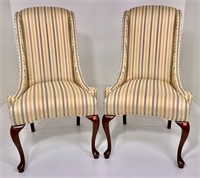 Pr. Queen Anne chairs, tall backs, striped fabric,