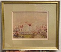Signed Early Folk Style House Watercolor