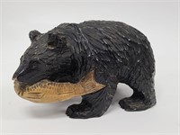 Hand Carved Wood Bear W/ Fish Sculpture