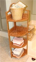 CONTENTS OF BATHROOM WICKER CORNER SHELF W/ WASH