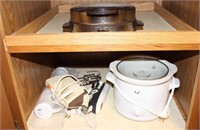 CONTENTS OF CABINET CROCK POT WAFFLE MAKER ETC