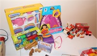 GROUPING OF CHILREDS TOYS TEA SET WOODEN CARS ETC