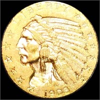 1908 $5 Gold Half Eagle LIGHTLY CIRCULATED