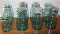 8 Blue Antique Canning Jars