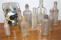 Antique Bottle Lot (9) & Jar of Buttons
