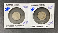 1916 & 1918 Buffalo Nickel Coins