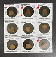 Nine Various Early Date Indian Head Cent Coins