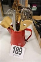Red Metal Pot/Pitcher with Kitchen Utensils
