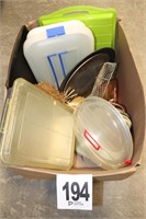 Large Box of Covered Pans & Misc. Kitchen