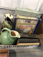 VASE, PITCHER, OLD BOOKS, OLD BOXES