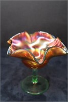 Scalloped Carnival Glass w Green Pedestal 5.25"h