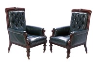 PAIR OF TUFTED LEATHER & MAHOGANY ARM CHAIRS