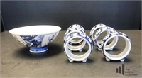 Blue ad White Ceramic Napkin Rings and Small Bowl