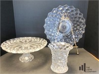 Cut Glass Cake Stand, Vase and Platter