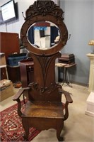 Antique Hall Stand w Seat & Round Bevelled