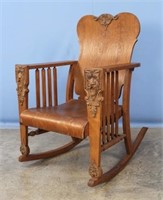 Oak Rocking Chair w/ Lion Heads C. 1900