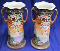 Pair china floral vases decorated farm scene