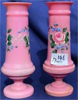 Pair pink milk glass vases,22 cms tall