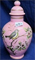 Pink milk glass lidded vase 34 cm tall