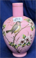 Pink milk glass vase bird and flower pattern