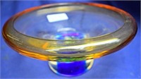 Amber blue and green heavy stemed glass bowl