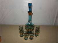 Vintage Blue Glass Decanter w/ 6 Drinking Glasses