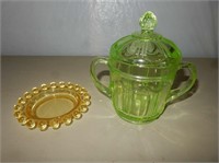Green Depression Container & Yellow Ashtray