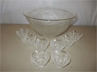 Clear Glass Punch Bowl w/ 8 Cups
