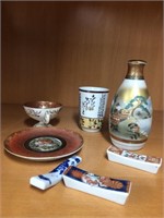 Vintage porcelain signed cups, plate, Asian.