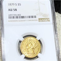 1879-S $5 Gold Half Eagle NGC - AU58