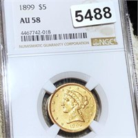 1899 $5 Gold Half Eagle NGC - AU58