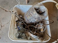 bucket of clamps, screws, wire etc