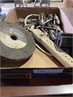 Box with taps, Chuck keys, drill bits, and more