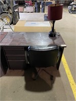 Metal office desk with glass top, with chair and