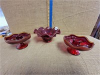 VIKING GLASS RUBY RED BOWL & CANDLEHOLDERS