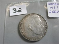 1937F German Silver 2  Deutches  Reichs  Mark Coin