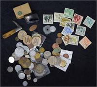 Collection of Various Coins, Tokens & Stamps