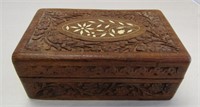 8" Vintage Carved Wood Box w Inlay