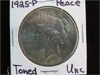 1925 P PEACE SILVER DOLLAR (TONED) 90% UNC