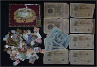 Cigar Box w/ Stamps, Antique German Money & Coins