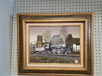 FRAMED TRAIN AT DEPOT OIL PAINTING ON CANVAS-24X20