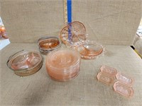PINK DEPRESSION GLASS PLATES & SERVING ITEMS